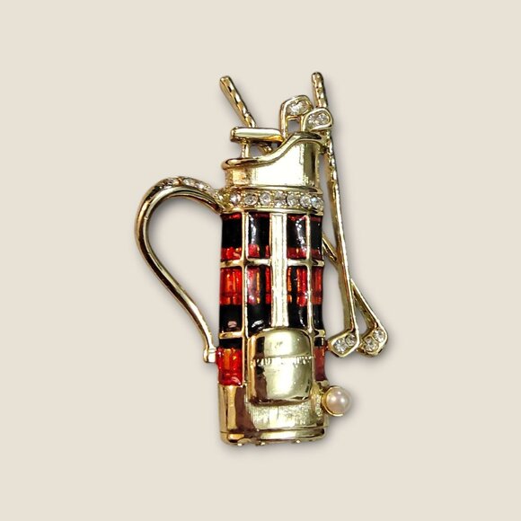 Danecraft Jewelry - Danecraft Golf Bag Brooch Red & Black Enamel Gold-Tone Rhinestones Pearl Accent